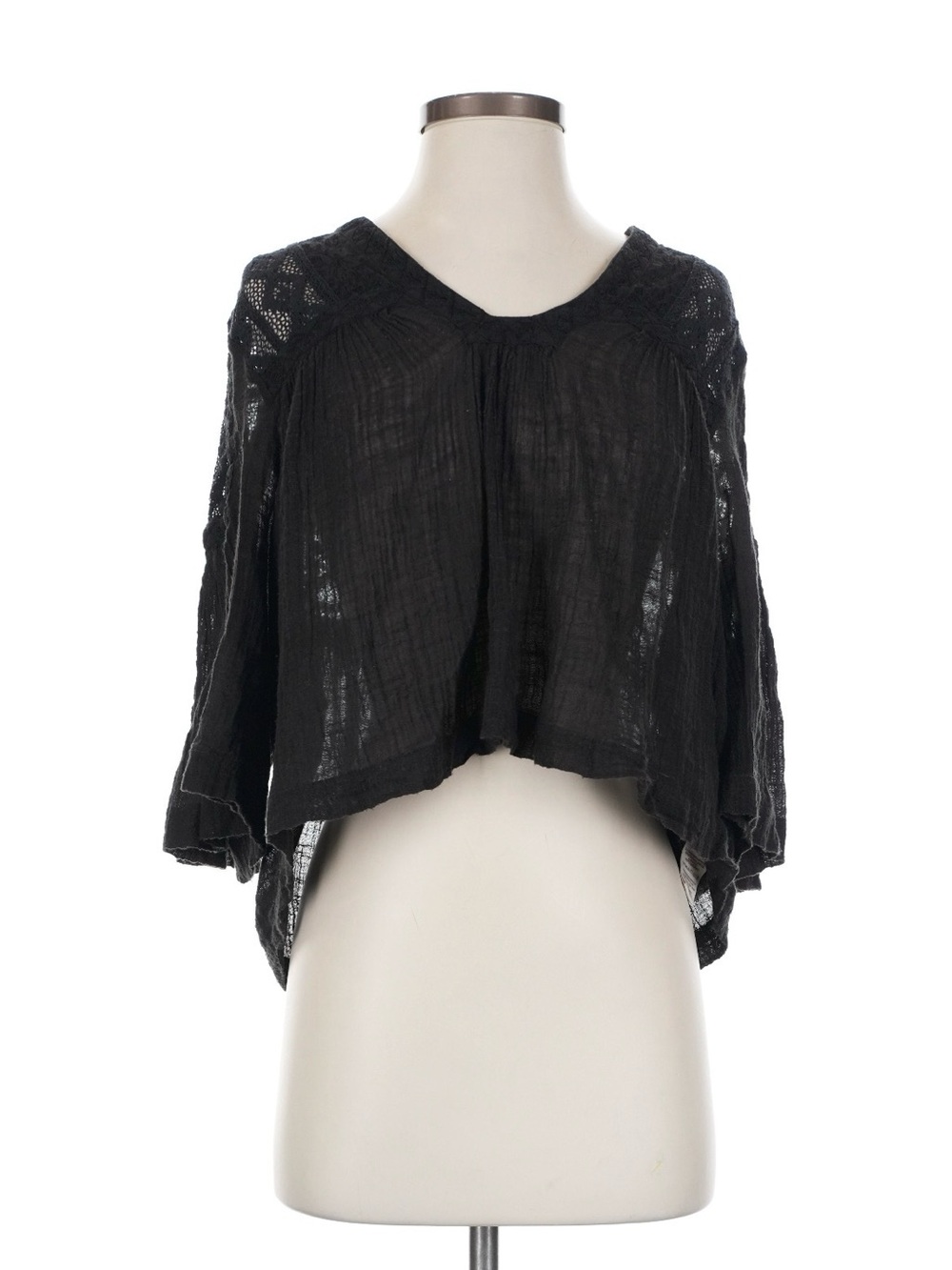 Free People Black Crochet-Yoke Lightweight Blouse